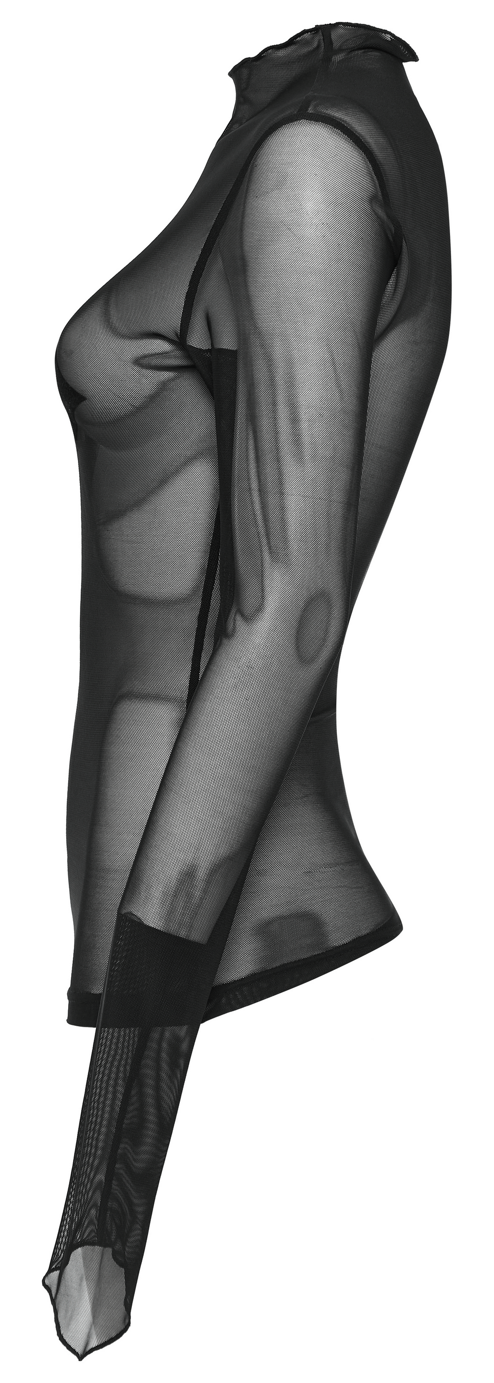 Sultry black mesh top with asymmetrical sleeves and stand collar for edgy goth fashion.