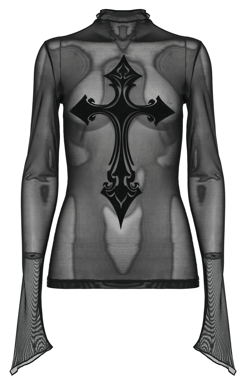 Sultry black mesh goth top with bold cross design and asymmetrical cuffs for edgy fashion.
