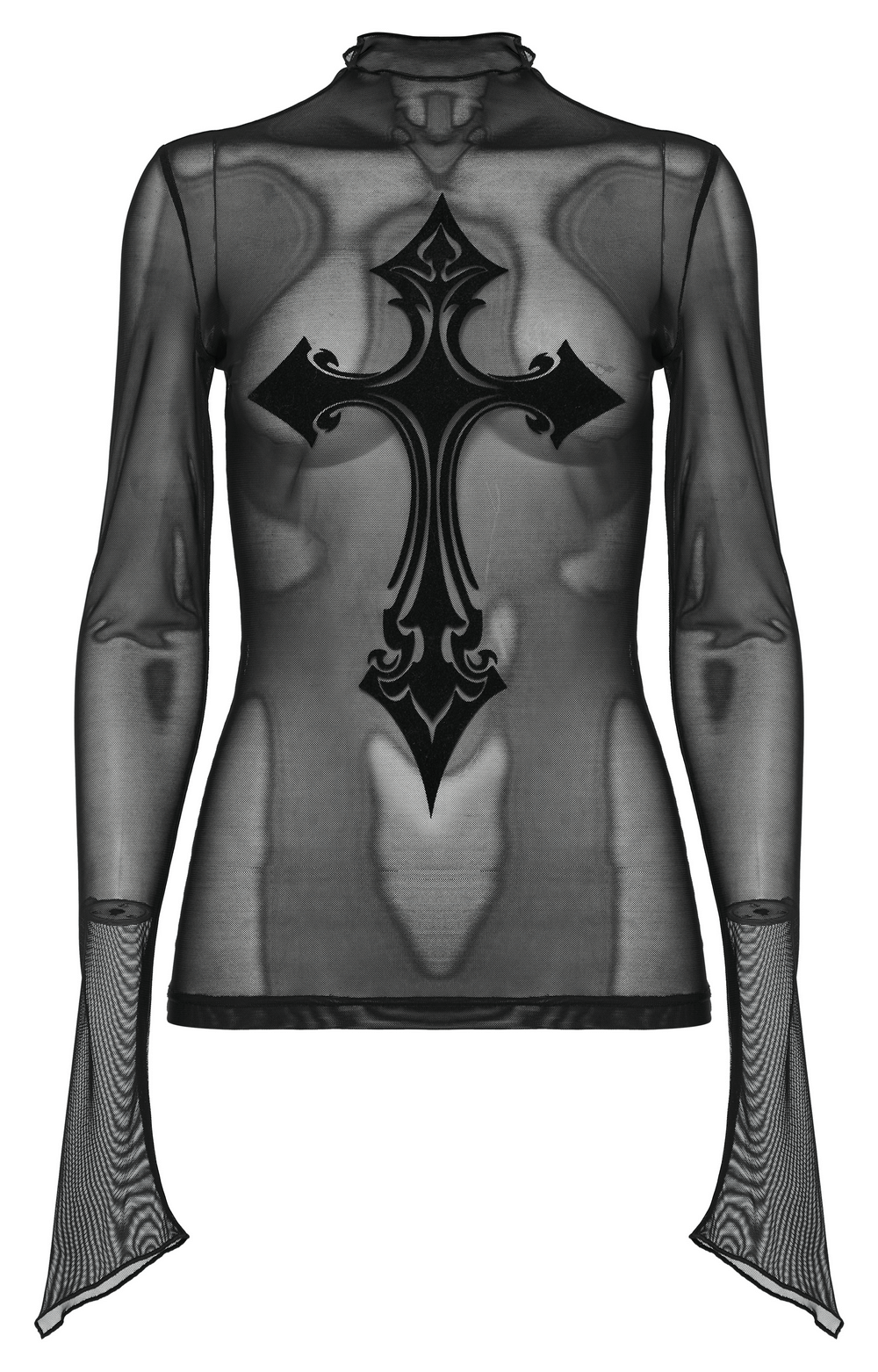 Sultry Flocked Cross Goth Mesh Top for Edgy Appeal - HARD'N'HEAVY