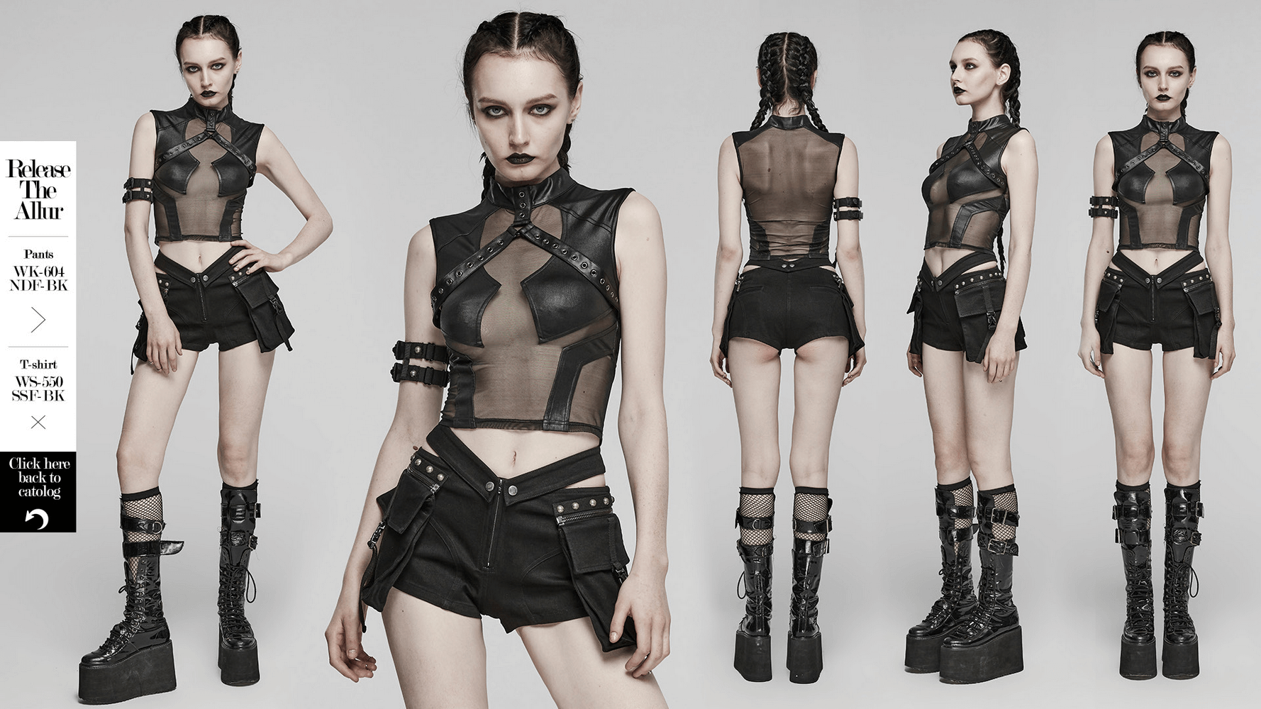 Edgy black mesh top with eyelet detailing, showcasing a stylish peek-a-boo design and flattering fit.