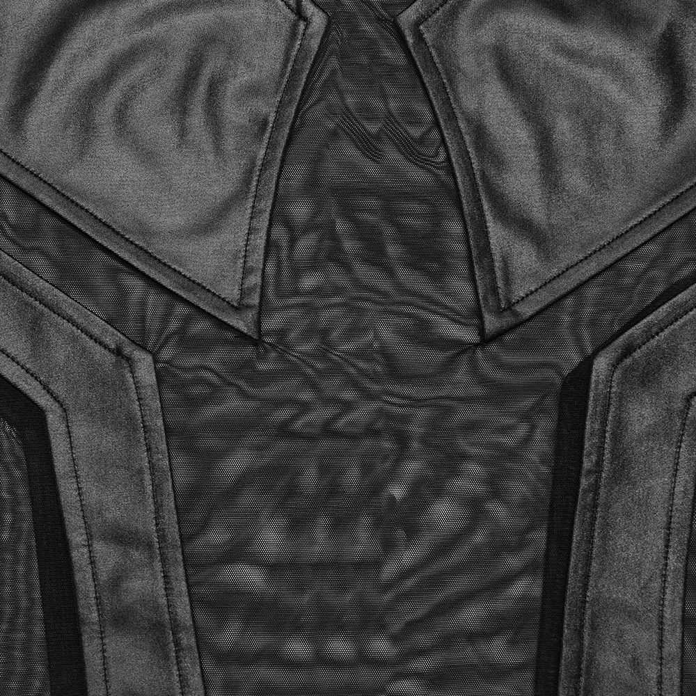 Close-up of sultry black mesh and knit top, showcasing eyelet detailing and unique cut-out design.