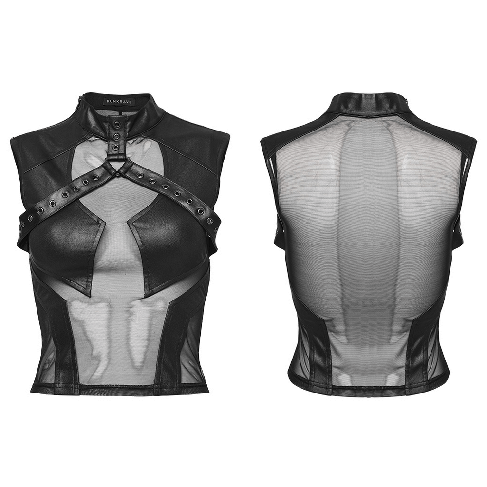 Edgy black mesh and knit sleeveless crop top with eyelet detailing by Punk Rave, perfect for a rockstar look.