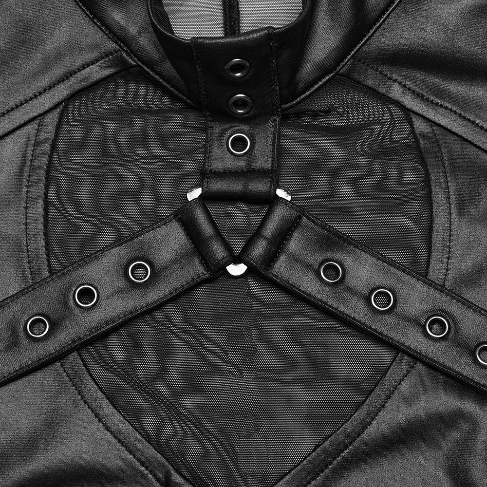 Close-up of sultry black mesh top showing eyelet detailing and edgy cut-out design.
