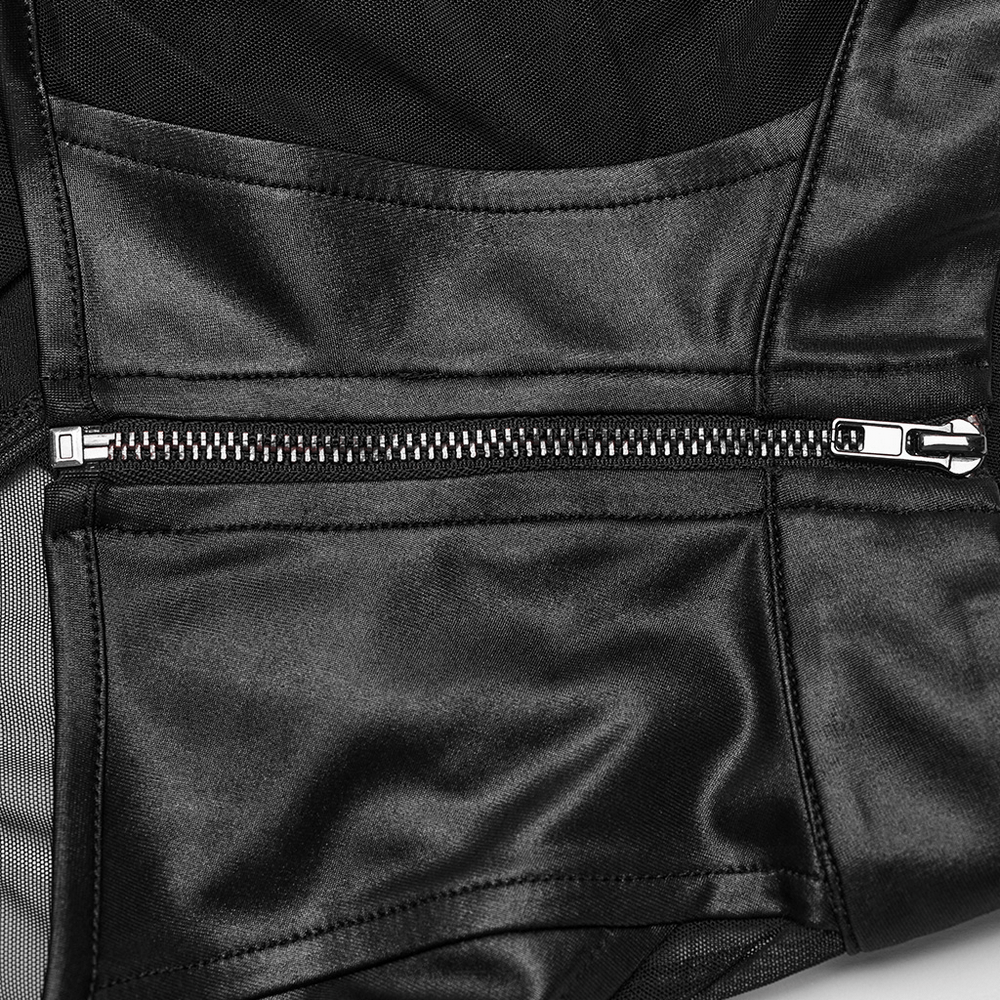 Close-up of the sleek zipper detail on a sultry black mesh top, showcasing edgy punk-inspired fashion.