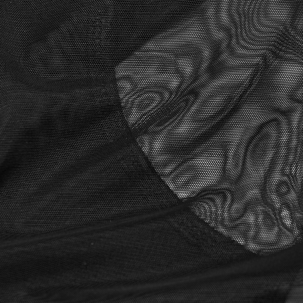 Close-up of sultry black mesh fabric showcasing intricate patterns and eyelet detailing for a striking look.