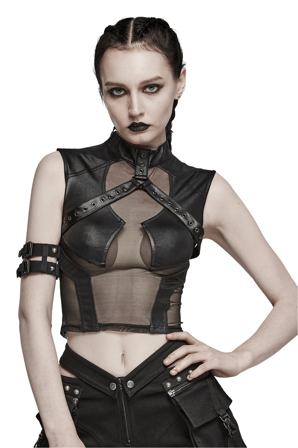 Edgy black mesh and leather crop top with eyelet detailing, perfect for a punk rock aesthetic.