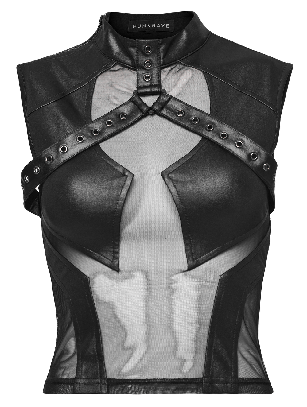 Edgy black sultry mesh crop top with eyelet detailing and unique cut-out design by Punk Rave.