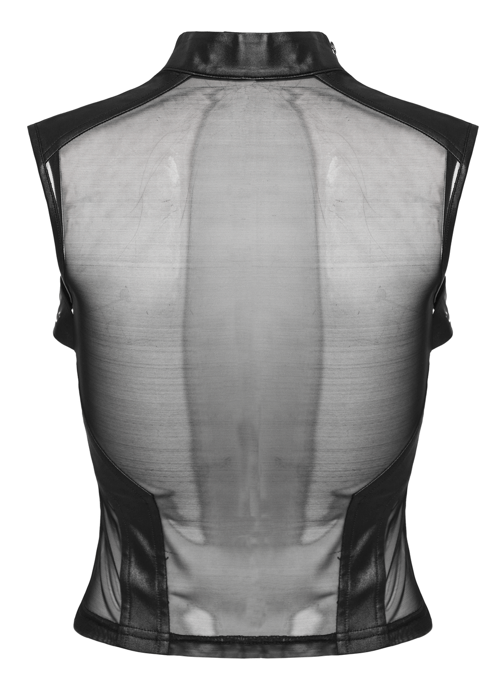 Back view of sultry black mesh and knit peek top with edgy eyelet detailing, designed for a curve-hugging fit.