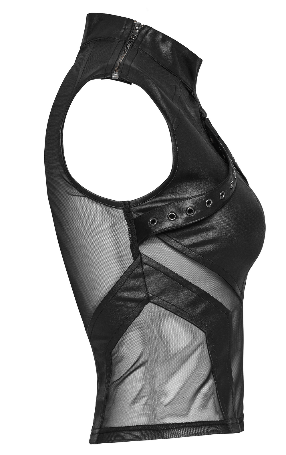 Sultry black mesh and knit sleeveless peek top with eyelet detailing, perfect for an edgy punk-inspired look.