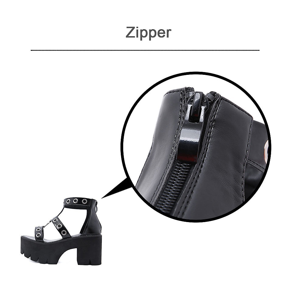Summer Black Gothic Platform Sandals / Open Toe Buckle Strappy Women's Sexy Shoes with Rivets - HARD'N'HEAVY