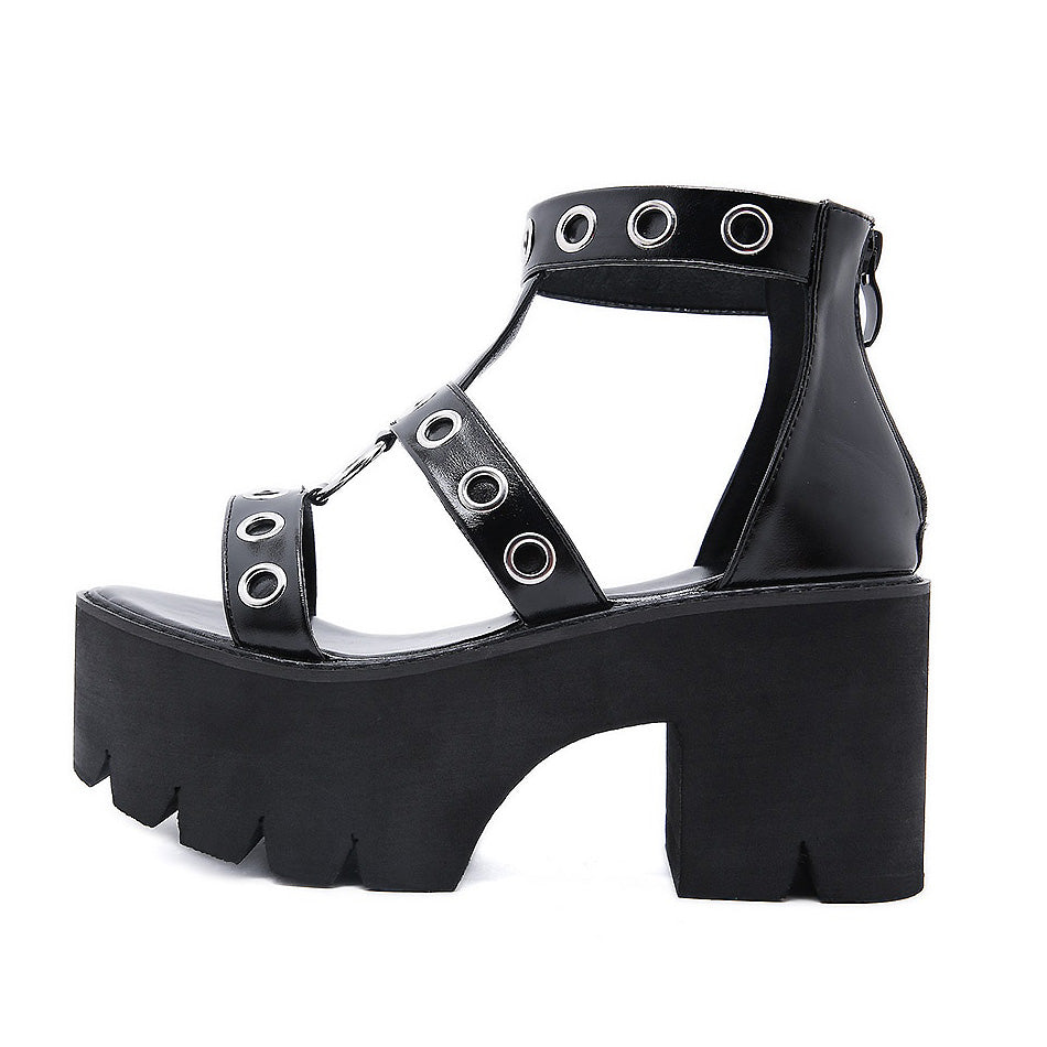 Summer Black Gothic Platform Sandals / Open Toe Buckle Strappy Women's Sexy Shoes with Rivets - HARD'N'HEAVY