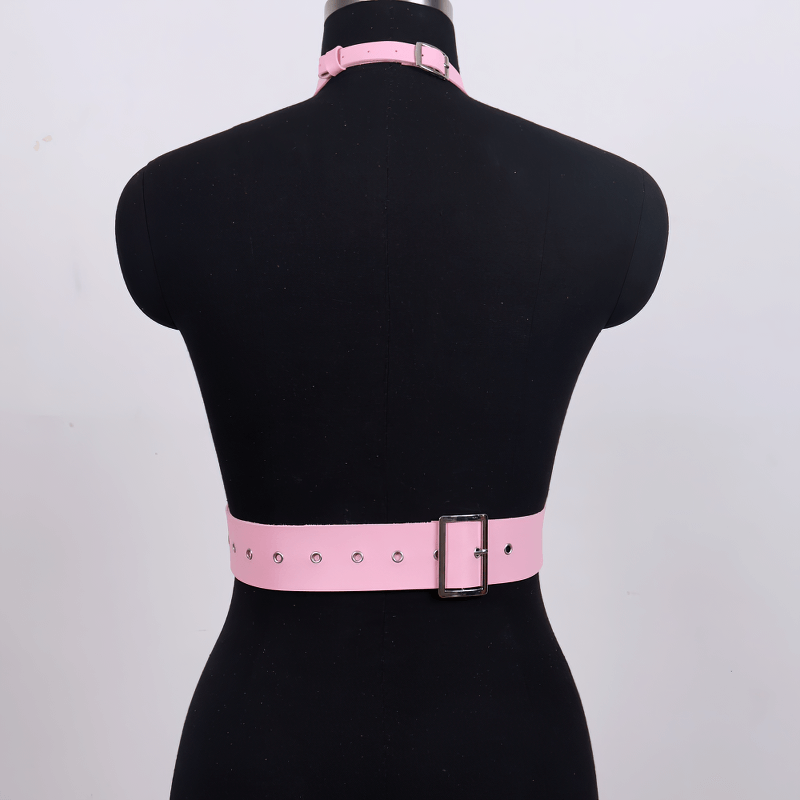 Back view of a pink faux leather body harness featuring a buckle and metal accents, perfect for gothic and bondage styles.