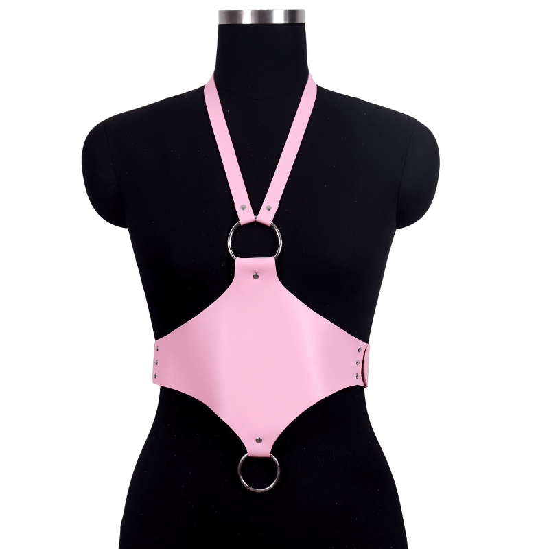 Gothic style pink faux leather body harness with rings, perfect for edgy bondage lingerie looks.