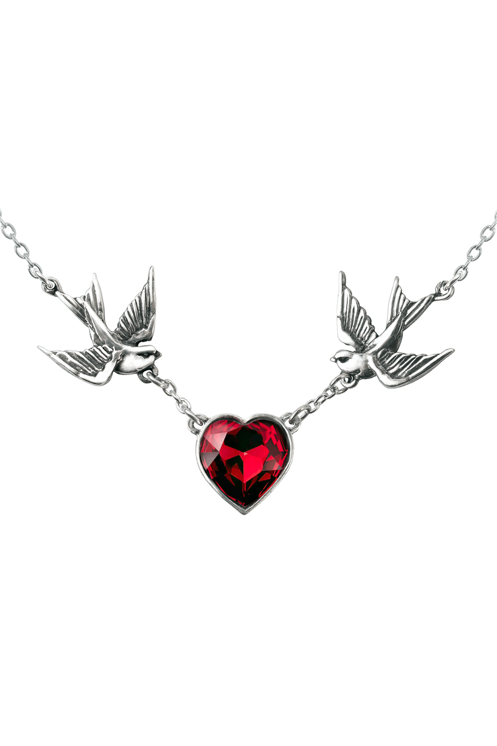 Swallow heart necklace featuring red crystal and tattoo-inspired birds, blending gothic charm and rockabilly style.