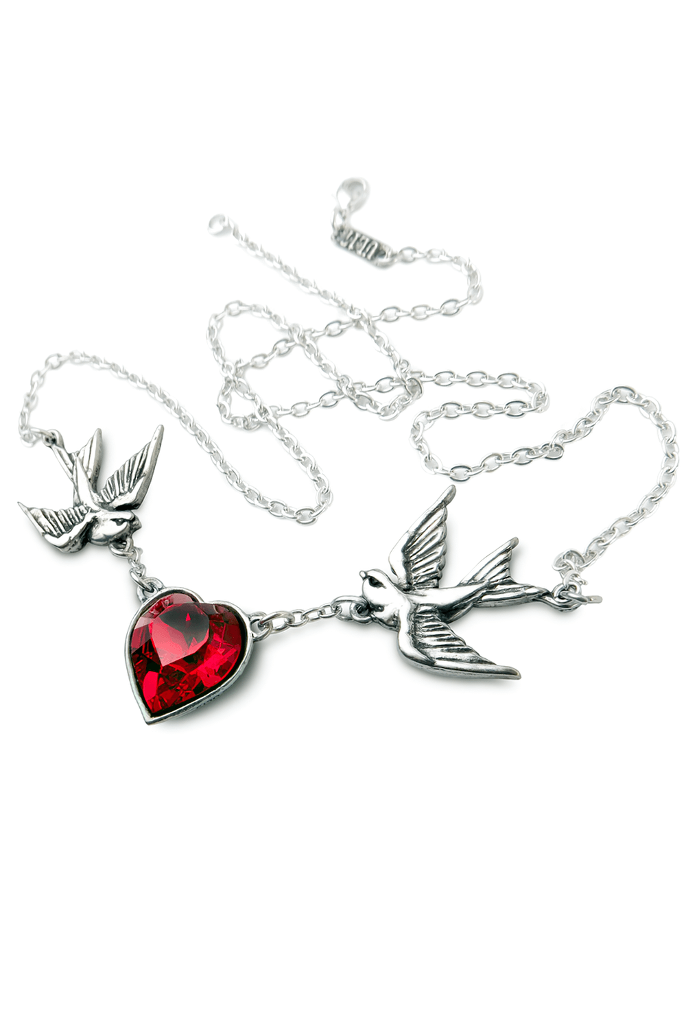 Swallow and heart necklace featuring red crystal, tattoo-inspired swallows in polished pewter on a fine chain.