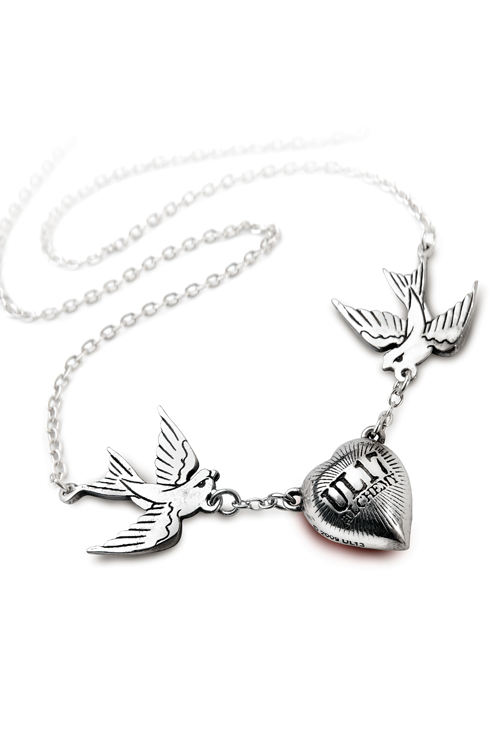 Swallow and heart necklace in polished pewter with red crystal, perfect for rockabilly and gothic styles.
