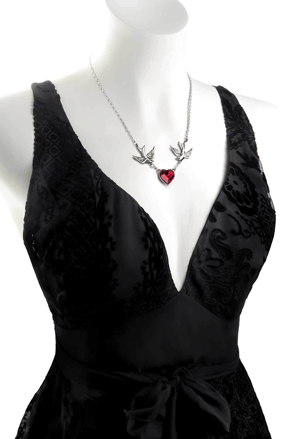 Swallow and heart necklace with red crystal, tattoo-style birds on a fine chain, showcasing gothic charm.