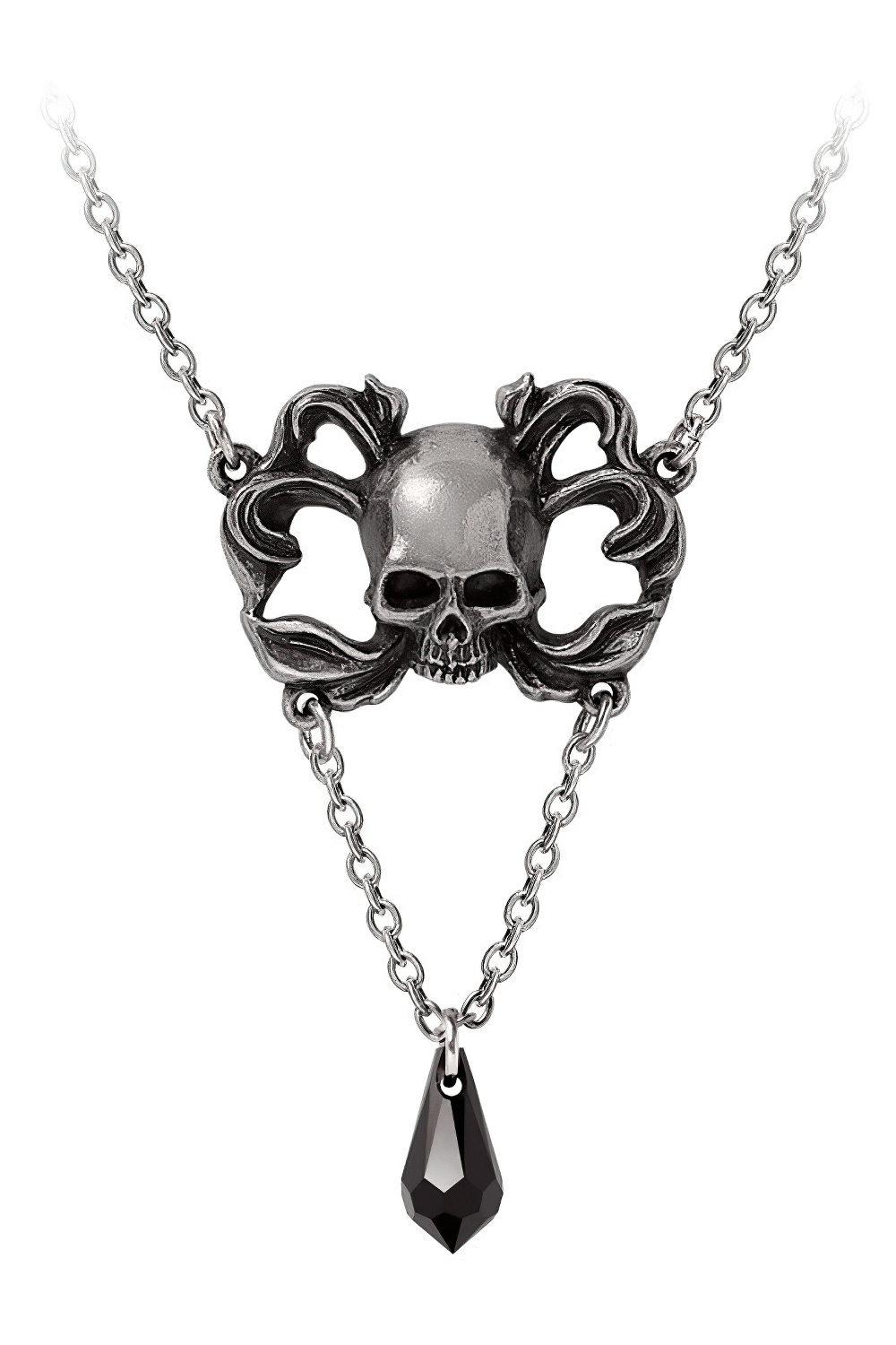 Gothic Sweet Death Skull Pendant featuring black crystal drop on elegant chain, embodying dark elegance and rebellious spirit.