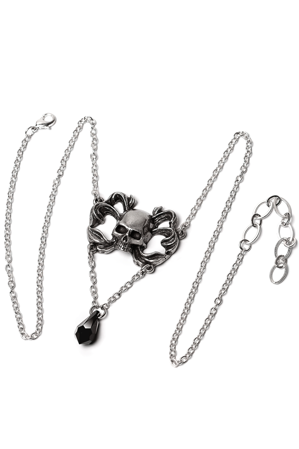 Gothic Sweet Death Skull Pendant necklace with jet black crystal drop on delicate chains.