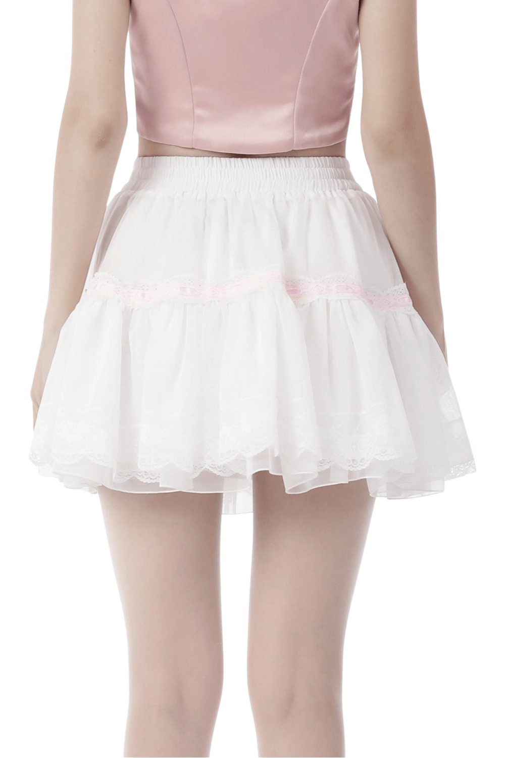 Back view of a sweet white pleated mini skirt adorned with pink bows, perfect for a kawaii Lolita style.
