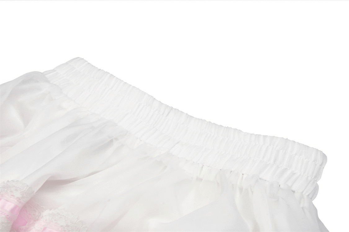 Close-up of waistband of Sweet Lolita white pleated mini skirt with pink bows, showcasing elasticity and delicate design.