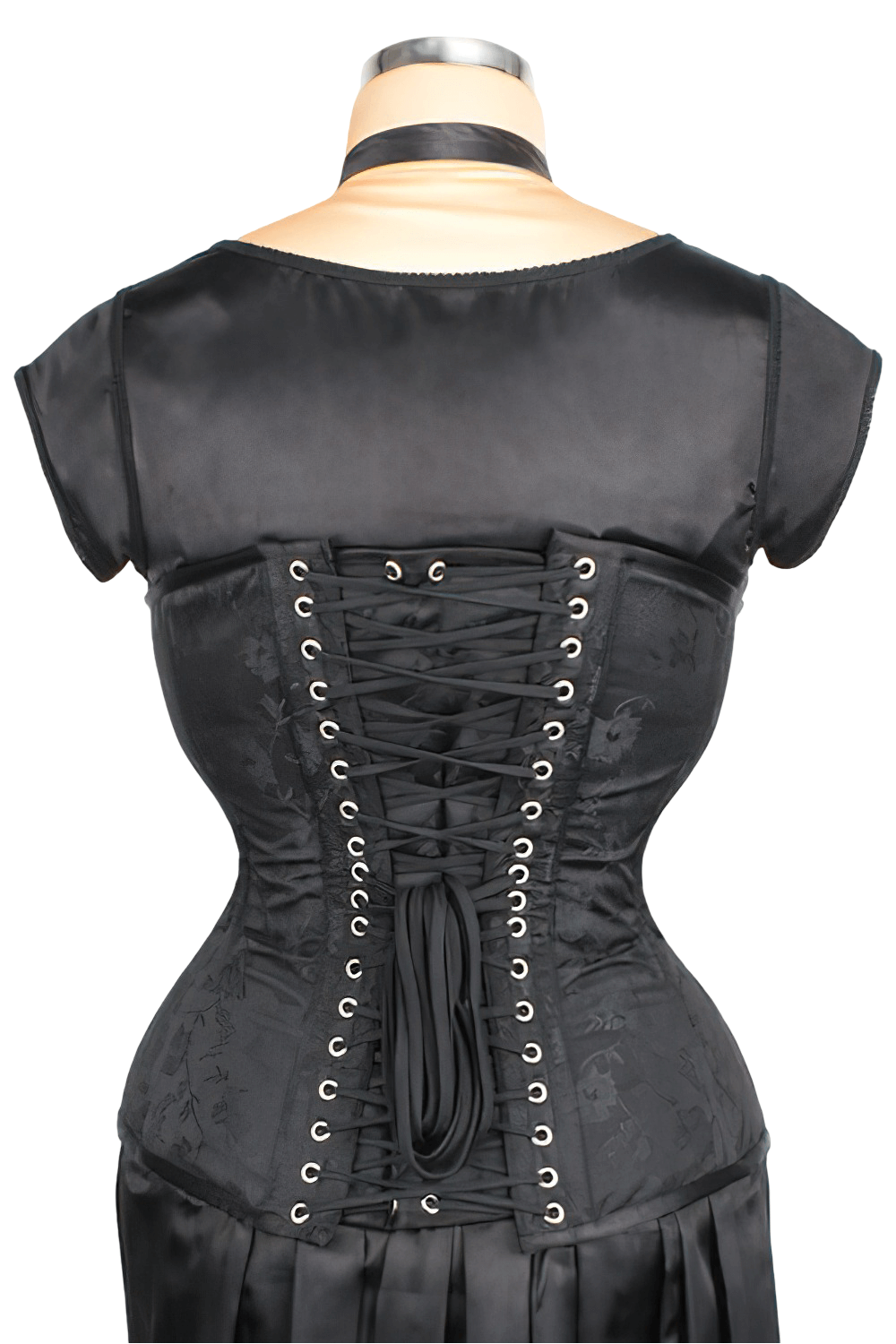 Elegant black floral corset with adjustable back lacing and steel boning for a structured silhouette.