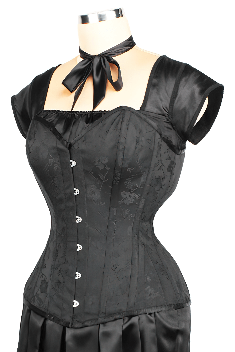 Sweetheart floral overbust corset with steel boning, perfect for waist training and gothic fashion.