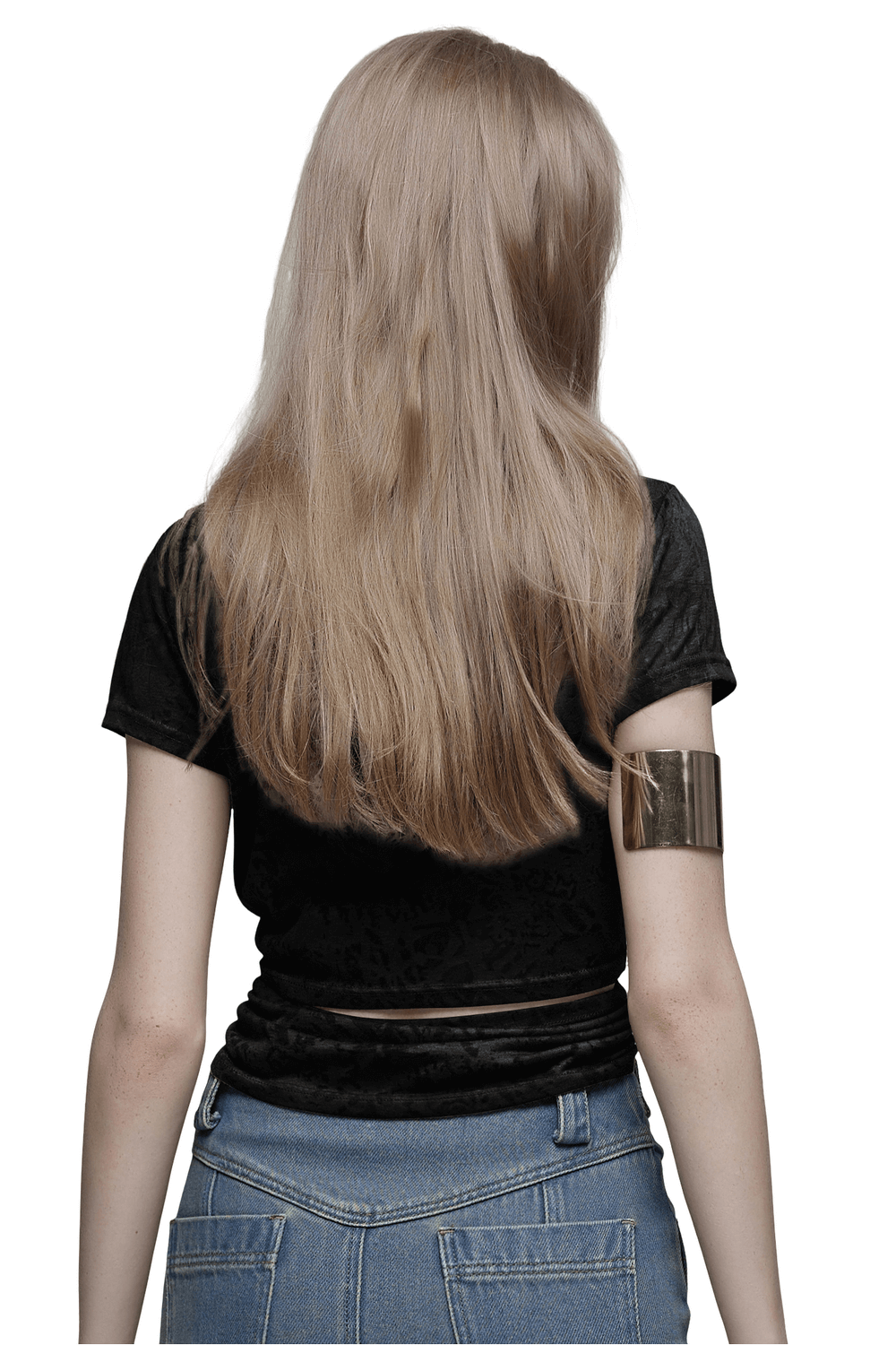 Back view of a model wearing a black cropped hoodie with short sleeves, showcasing stylish long hair.