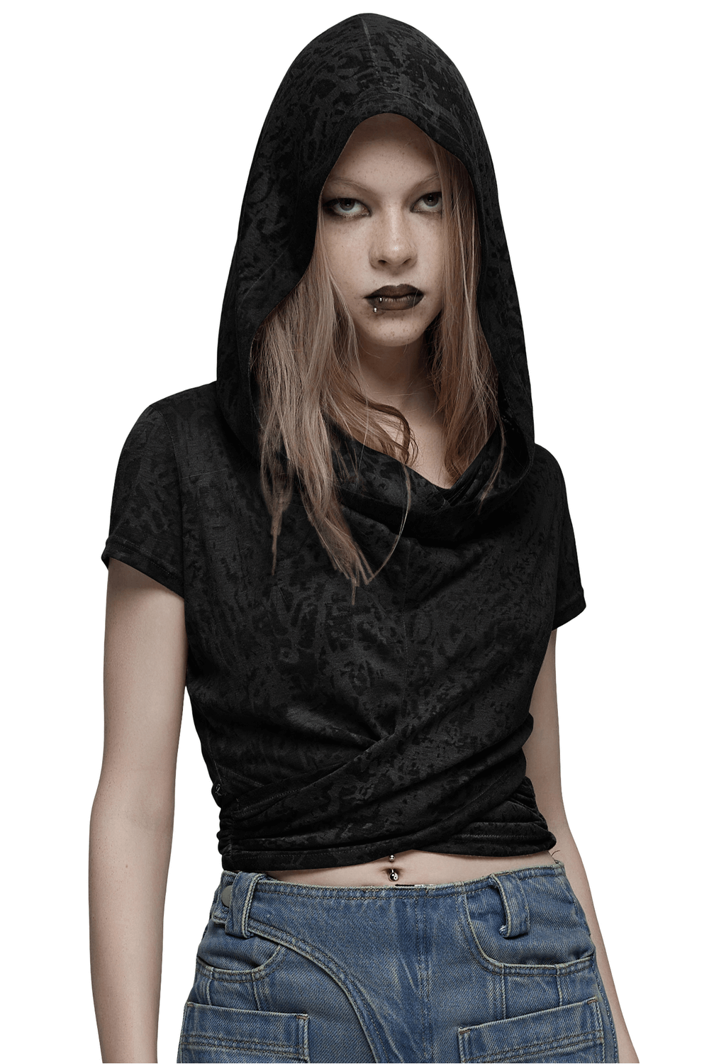 Black hooded crop top with criss-cross hem, showcasing a trendy punk style for casual wear.