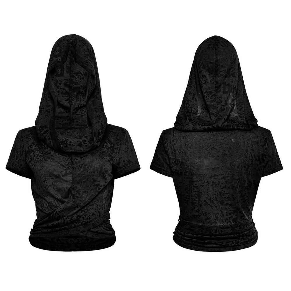 Punk Rave hooded cropped top showcasing criss-cross hem, stylish black design with a loose fit and modern hood.