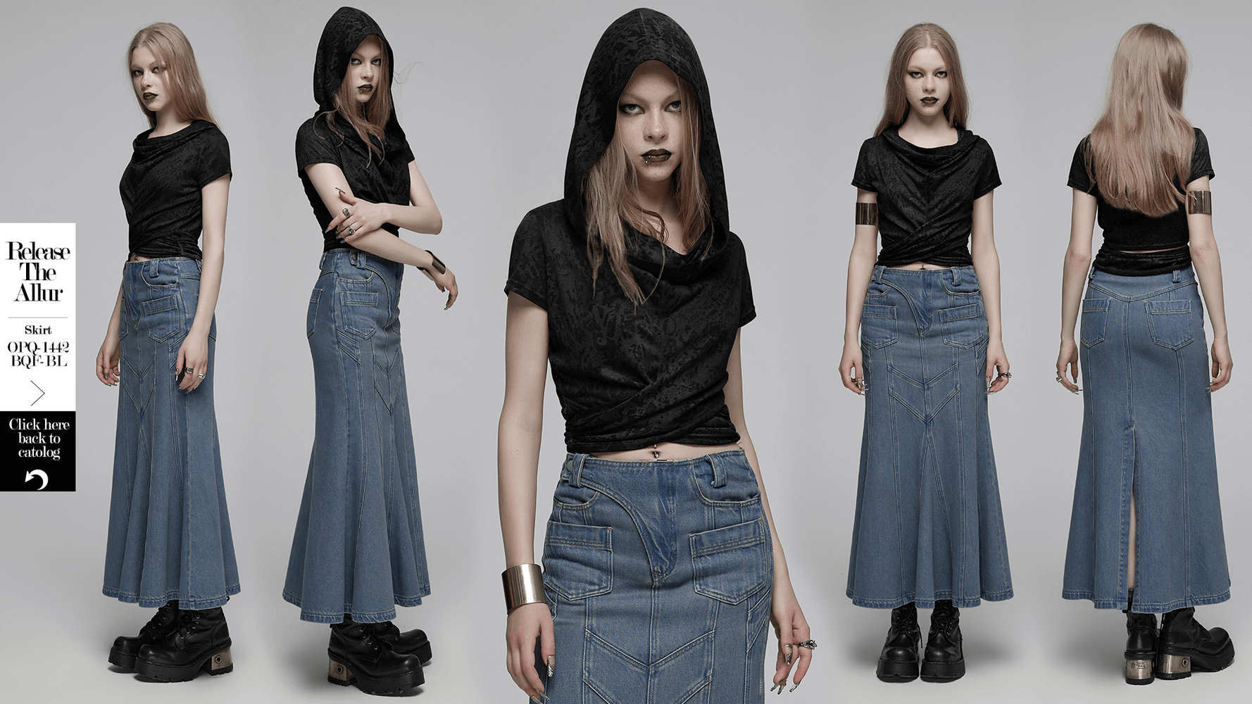 Model showcasing a punk-inspired swing collar hooded crop top with criss-cross hem, paired with a long denim skirt.