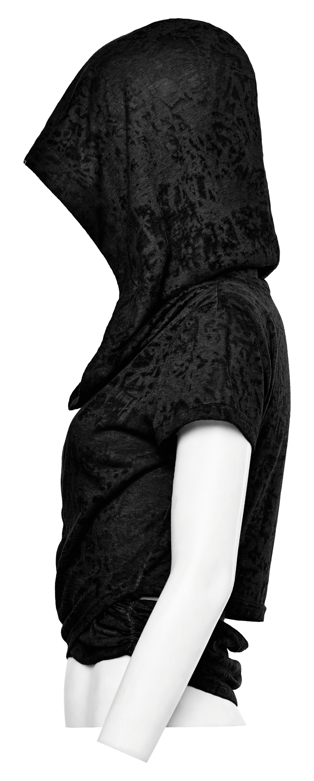 Side view of punk-inspired black cropped hoodie with criss-cross hem and hood design.
