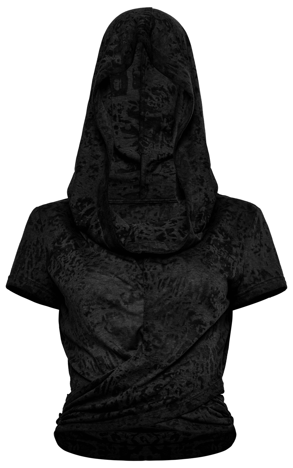 Black hooded cropped top with short sleeves and criss-cross hem for a trendy punk fashion look.