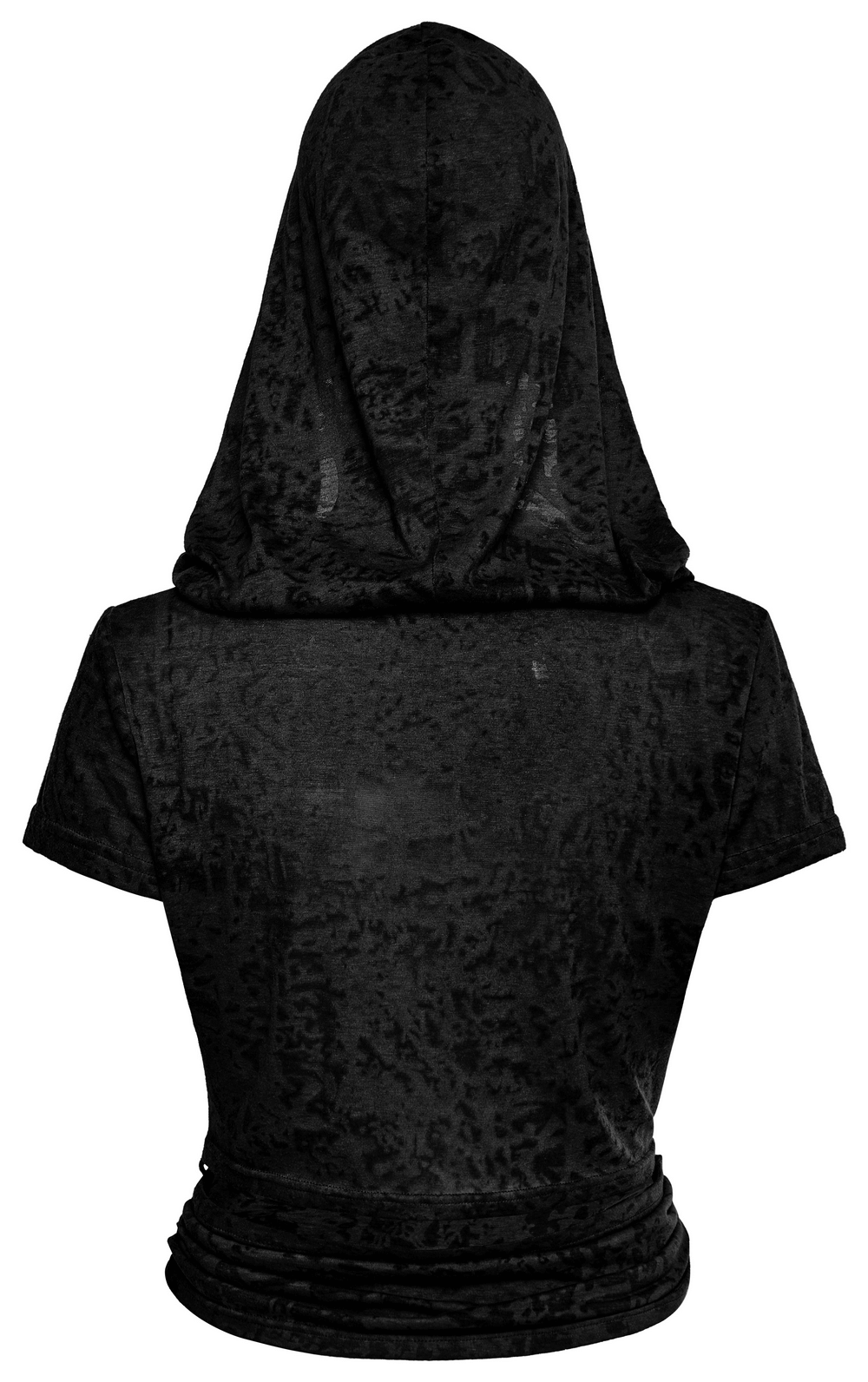 Back view of a black swing collar hooded short sleeve top with criss-cross hem, showcasing trendy hood design.