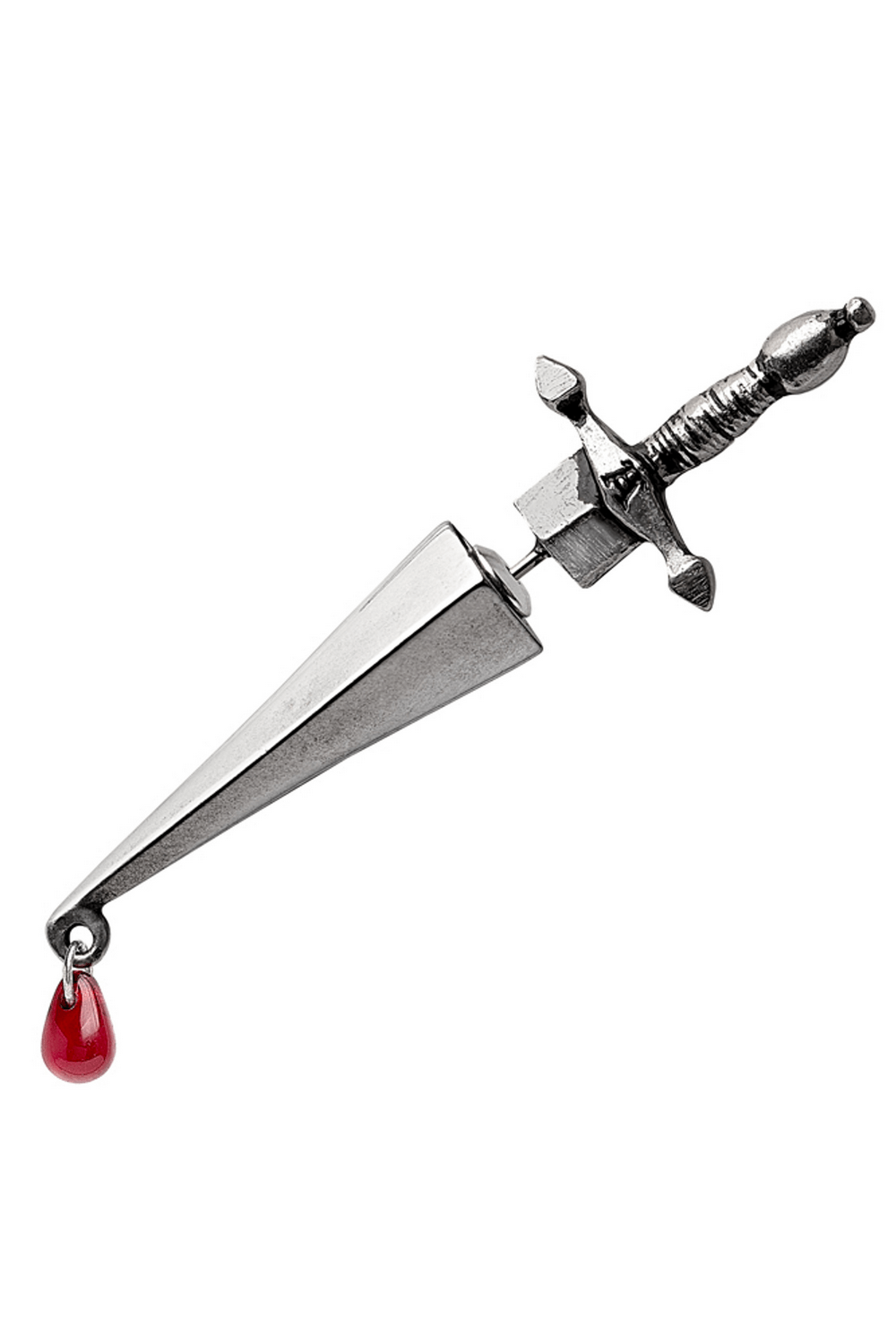 Gothic sword piercing earring in antique pewter with red blood drop detail, perfect for bold dark fantasy style.