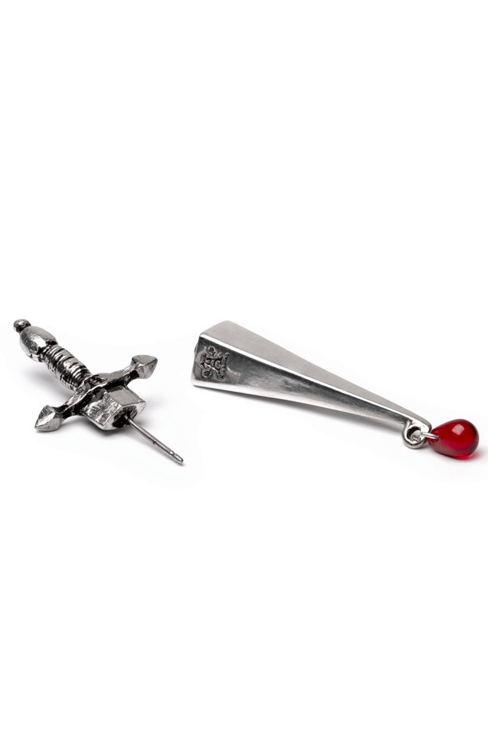 Gothic sword piercing earring with red blood drop detail, crafted in antique pewter for bold dark fantasy style.