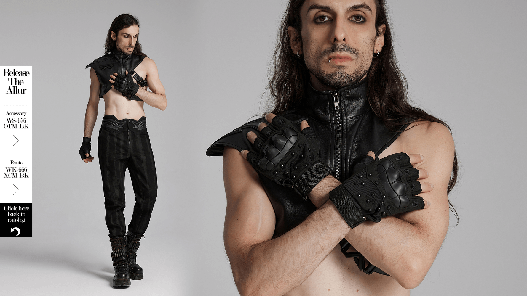 Model showcasing tactical cyberpunk gloves with armor pads, studded design, and sleek leather attire.