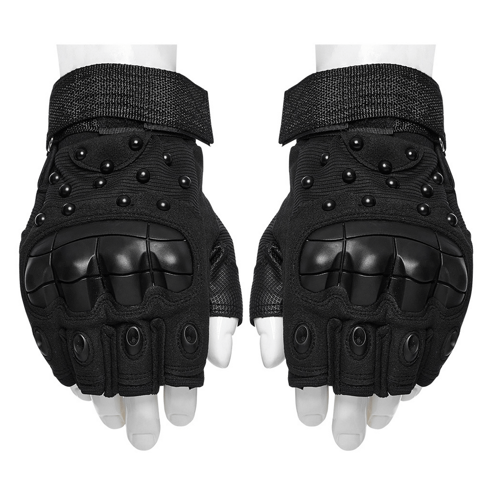 Adjustable tactical cyberpunk gloves with armored pads, studs, and secure Velcro wrist for enhanced grip and protection.