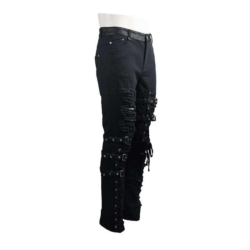 Men's black skinny steampunk pants with lace holes, torn inserts, and stylish straps for a bold fashion statement.