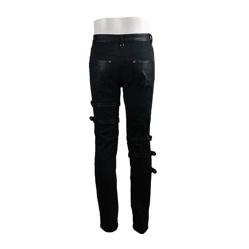 Men's Gothic Black Skinny Jeans with Straps - Steampunk Style Fashion Pants