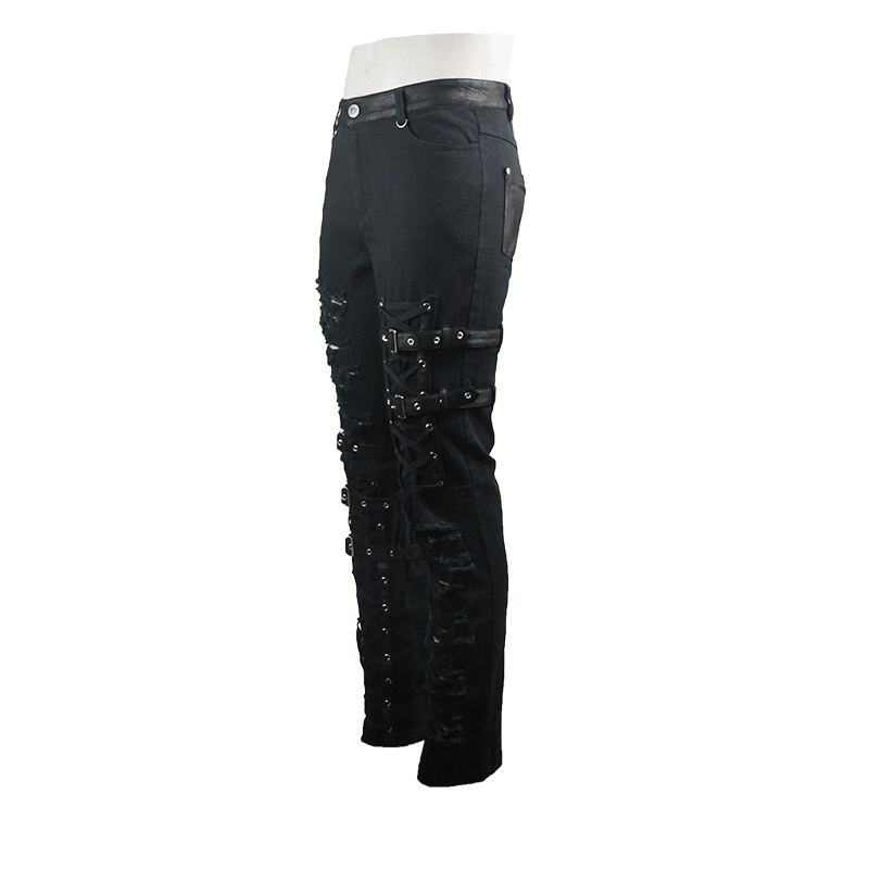 Men's black steampunk skinny pants with lace-up details and straps, perfect for a gothic style upgrade.