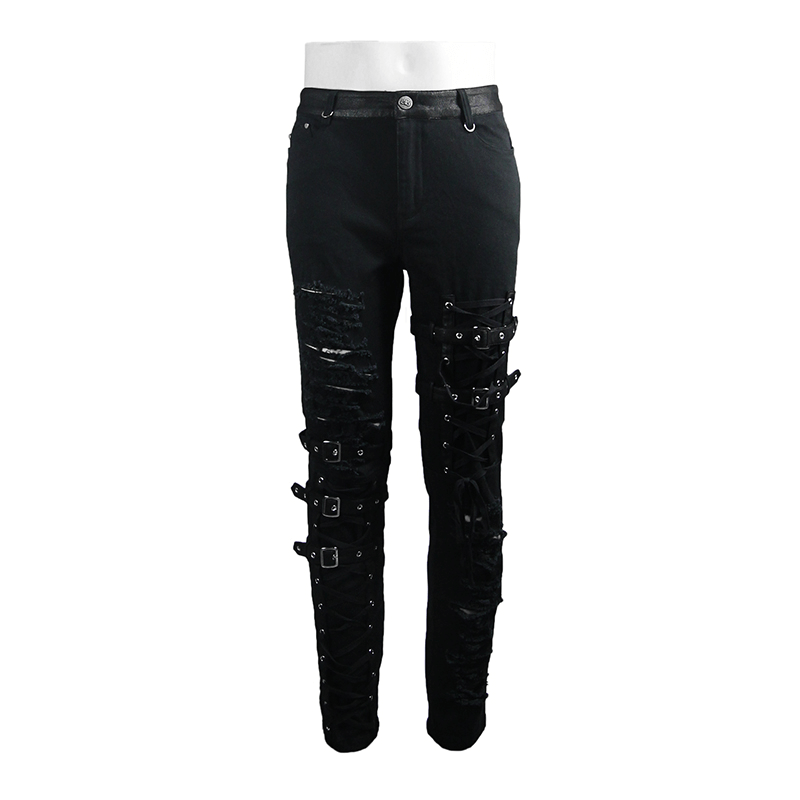 Gothic black skinny jeans for men with tactical lace holes and ripped design, perfect for steampunk style.