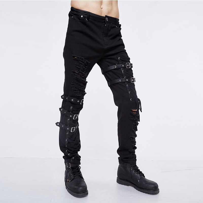 Men's gothic black skinny jeans with lace-up holes and stylish torn inserts, perfect for a steampunk look.