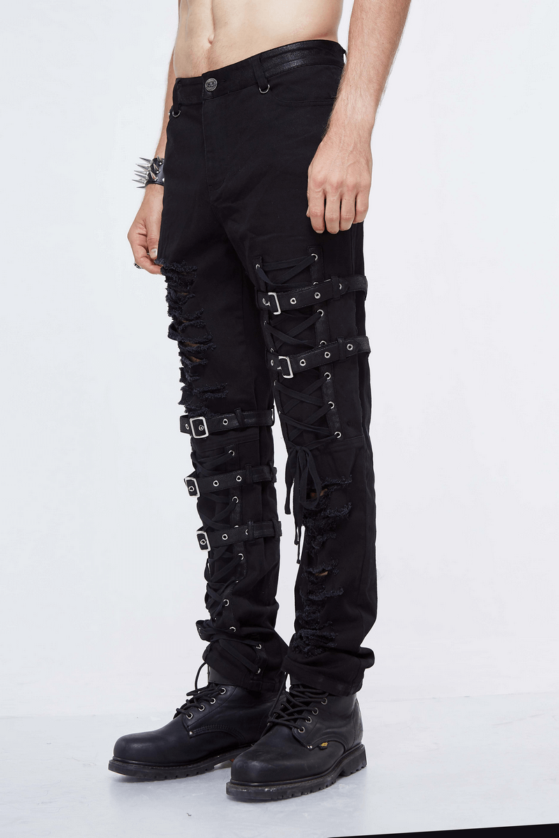 Men's gothic black skinny jeans with lace holes and straps, steampunk style fashion, showcasing edgy and fitted design.