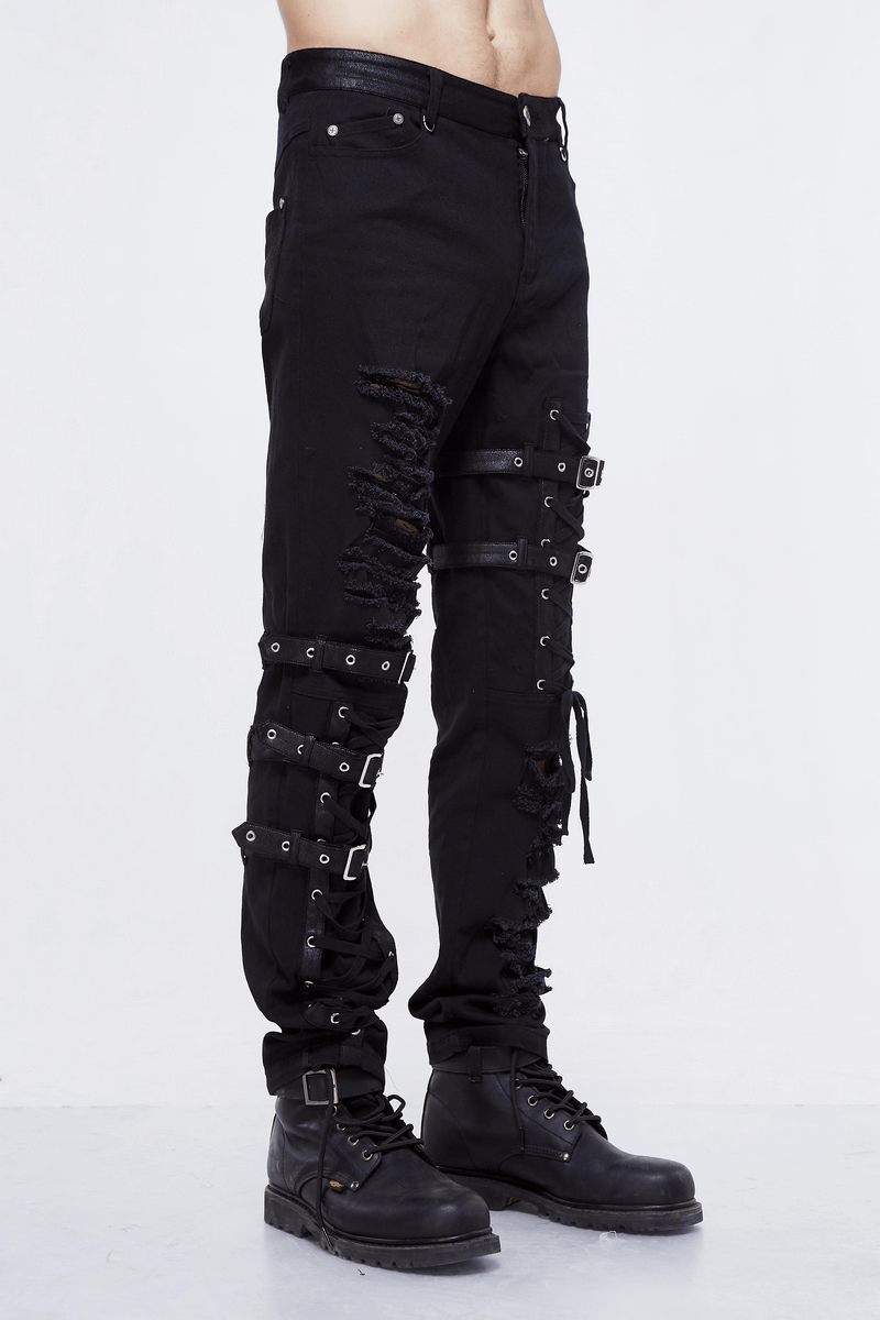 Men's gothic black skinny jeans with torn inserts and tactical lace holes, perfect for steampunk style outfits.