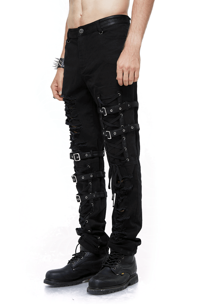 Men's gothic black skinny jeans with tactical lace holes and straps, perfect for steampunk fashion.