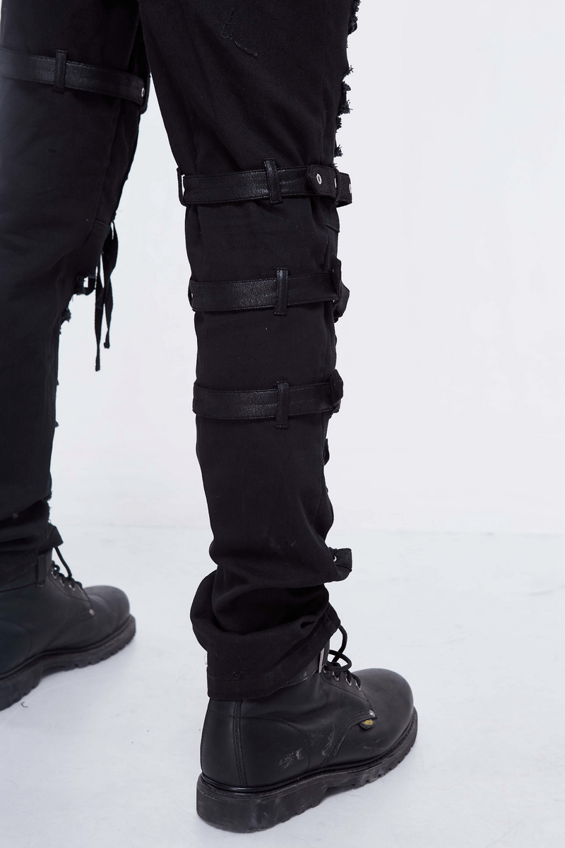 Men's Gothic black skinny jeans featuring tactical lace holes and stylish straps, perfect for a steampunk wardrobe.