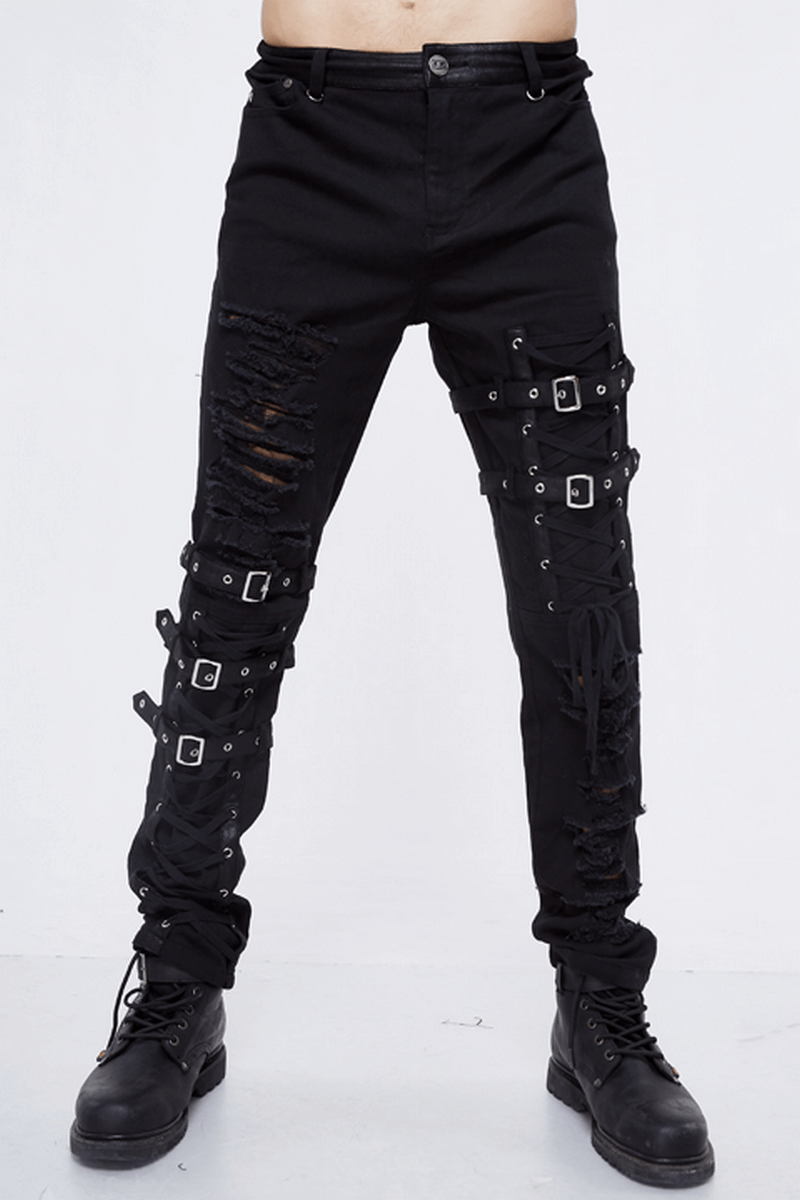 Men's gothic black skinny jeans with lace holes, torn inserts, and steampunk style decor, perfect for edgy fashion.