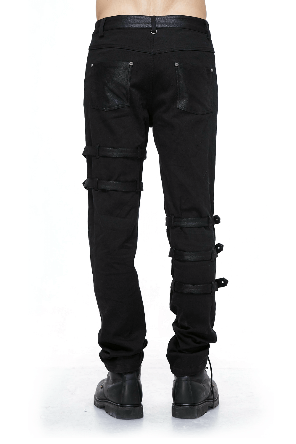 Men's gothic black skinny jeans featuring tactical lace hole design and stylish straps at the sides.