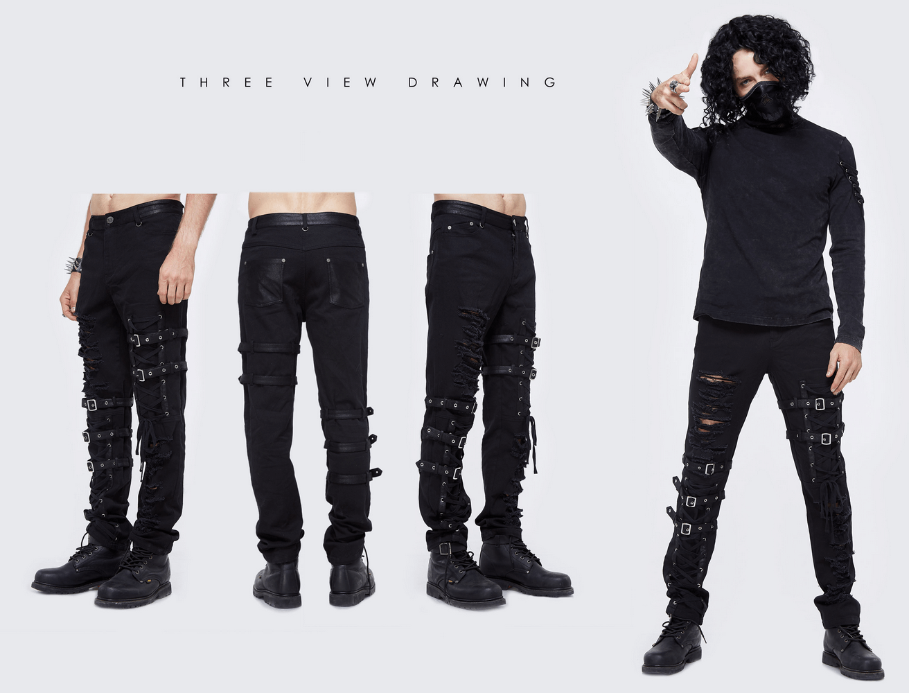 Men's gothic black skinny jeans with lace hole belt, torn inserts, and straps in steampunk style, shown in three views.